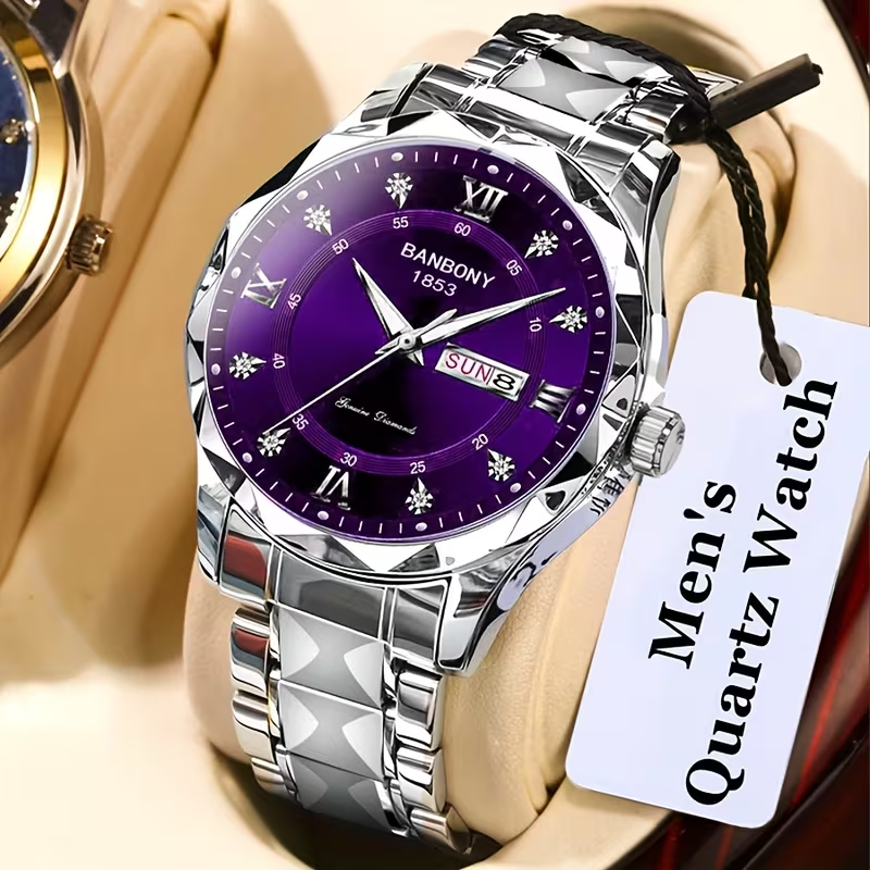 1 New Stainless Steel Men'S Quartz Watch with Roman Numerals, Rhinestone Dial, Date Calendar, Trendy Minimalist Luxury Brand, Luminous Sports Casual Business Multi-Functional Watch - Ideal Birthday Gift and Holiday Present, Elegant Watch For Men
