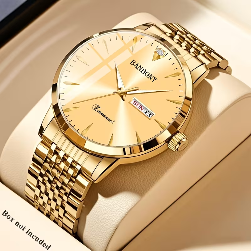 New Banbony Unisex Stainless Steel Quartz Watch with Rhinestone Accents, Water-Resistant IPX7, Sleek HD Dial, Date Display, Golden-Tone Finish - Ideal for Casual Wear, Parties, and Gifts