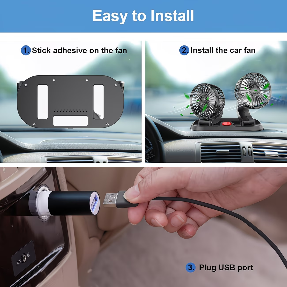 USB Fan for Cars with Dual Heads, 360° Adjustable - Ideal for Computers And Gadgets, Features 2 Speed Settings, Works with Trucks And Suvs - Compatible with Laptops