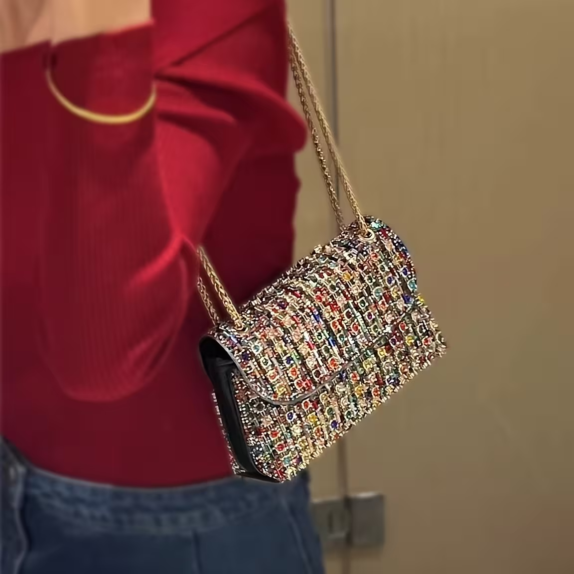 Rhinestone Clutch Bag Women'S Evening Bag, Sparkling Handheld Party Wallet, Texture, Full Diamond Heavy Decoration, Large Capacity, Golden Chain Shoulder Strap, Suitable For Dinner, Party, Formal Events, Halloween Gifts, Christmas Gifts