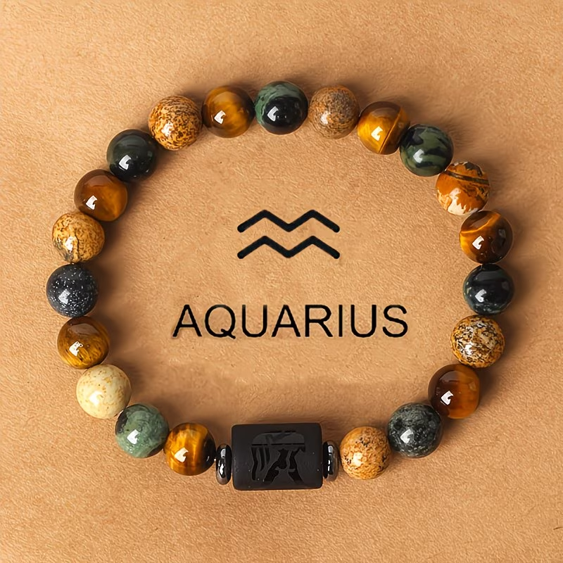 1pc 12 Constellations Zodiac Natural Stone Beaded Twelve Constellations Tiger Eye Stone Picture Stone Birthday Gift Valentine'S Day Gift Zodiac 19Cm/7.48Inch
