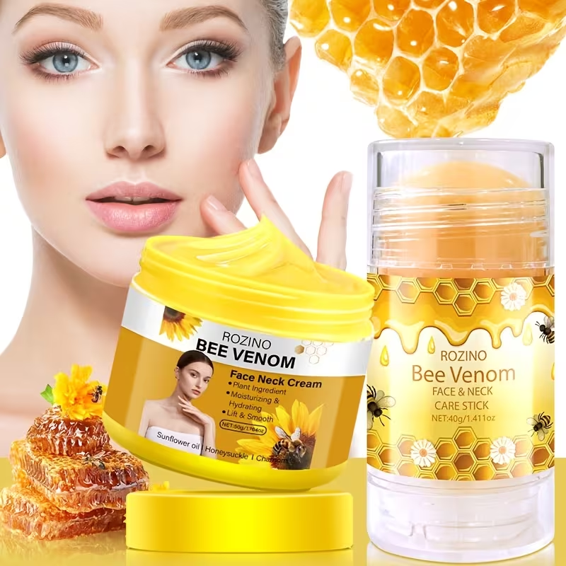 5pcs Bee Venom Care Combination, used for various purposes such as lip, face, neck, hands, feet, and body care. It is moisturizing, comprehensive, lightweight, non greasy, quickly absorbed, gentle and non irritating, portable and easy to use, Hand