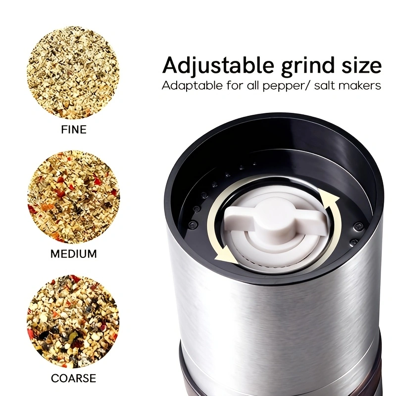 Five-layer stainless steel pepper grinder, a kitchen seasoning essential, with a transparent viewing chamber, rotary grinder, and adjustable coarseness.
