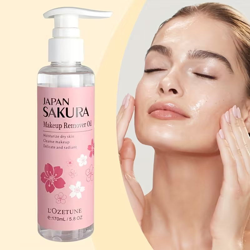 New Release 5.75oz Sakura Love Makeup Remover Oil, Contains Plant-Derived Squalane, Gentle Alcohol-Free Formula, Emulsifies in One Second, Refreshing and Non-Comedogenic, Suitable for Students and Women, A Must-Have for Daily Makeup Removal