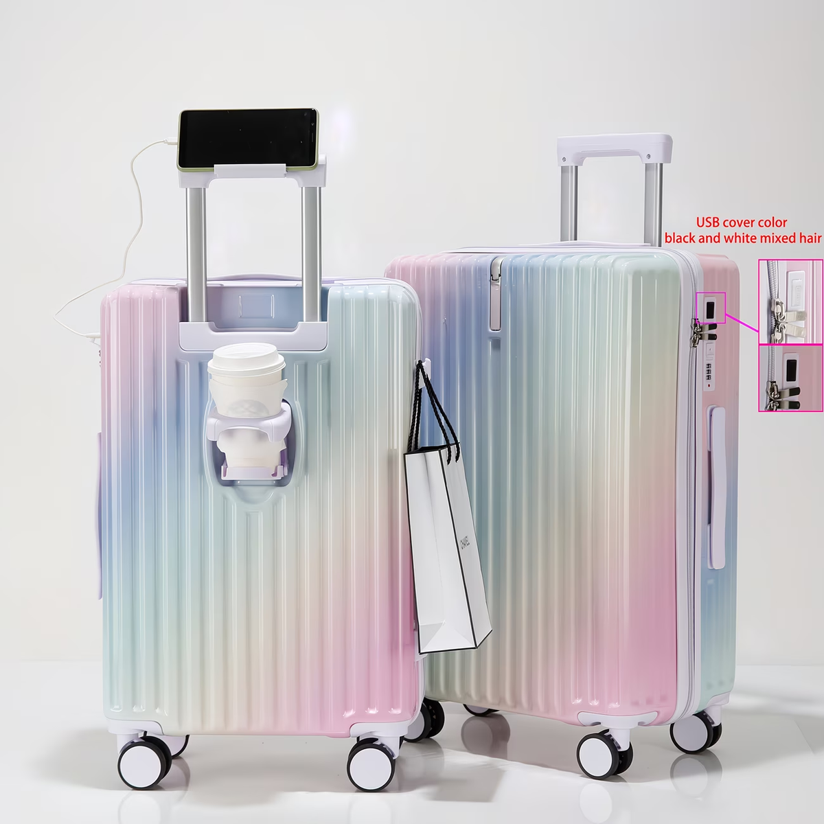 Christmas Gifts: Multi-functional Gradient Color Suitcase with High Quality Zipper, Cup Holder, USB Charging Port, Portable Hook, Telescopic Handle, Phone Holder. New 20-Inch Ultra-Light, Stylish, and Fresh-Looking Combination Lock Travel Suitcase