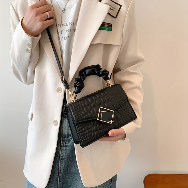Pleated Embossed Handbag Crossbody Square Bag