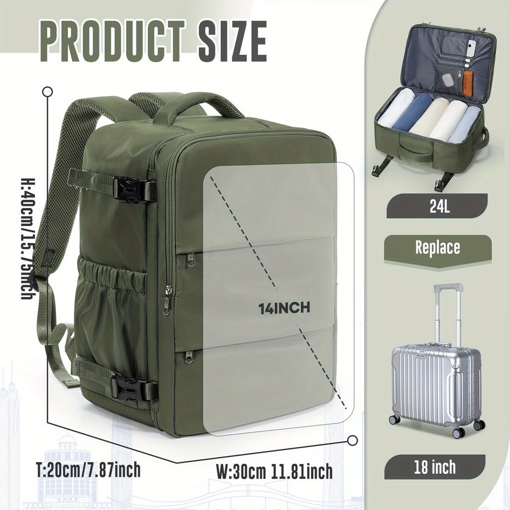 40x30x20cm Convertible Cabin Backpack - Lightweight Travel Backpack with 14" Laptop Compartment, Airline-Approved Carry-On Luggage, Durable Nylon Construction, Ergonomic Strap & Zipper Closure For Men & Women, Backpack For Travel, Short Trip Gear
