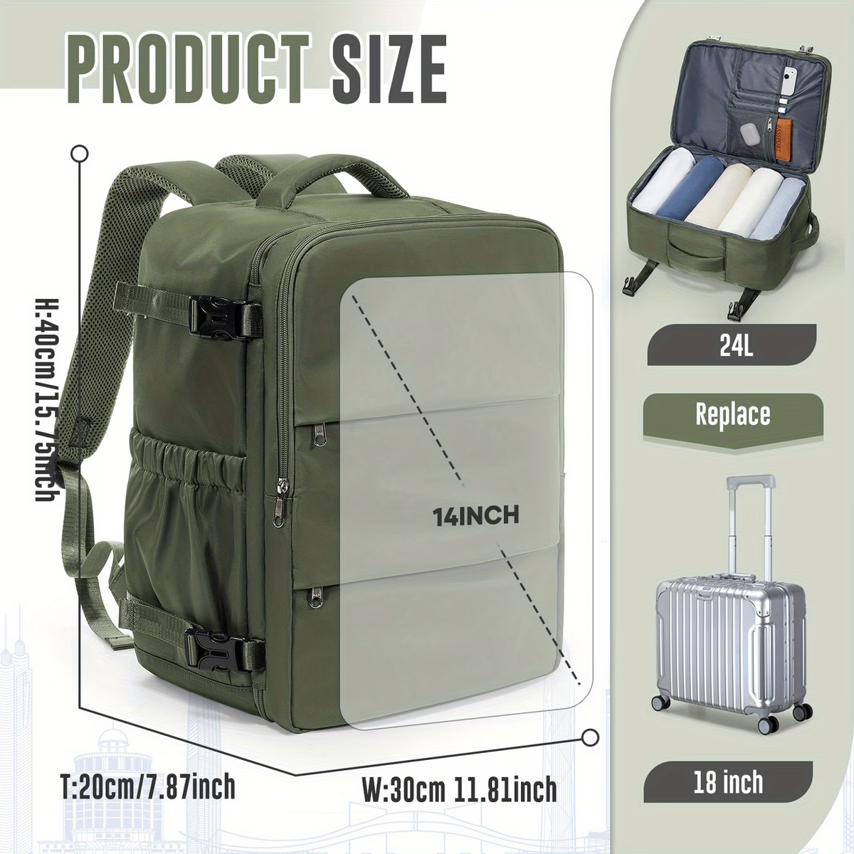 40x30x20cm Convertible Cabin Backpack - Lightweight Travel Backpack with 14" Laptop Compartment, Airline-Approved Carry-On Luggage, Durable Nylon Construction, Ergonomic Strap & Zipper Closure For Men & Women, Backpack For Travel, Short Trip Gear