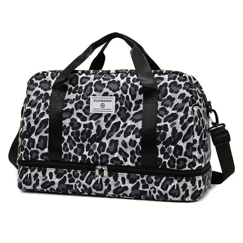 Trendy Leopard-Patterned Suitcase with Ample Space, Featuring a Separate Compartment for Shoes, an Adjustable Shoulder Strap, Ideal for Gym, Yoga, And Weekend Getaways, As Well As Leisure Activities And Outdoor Camping