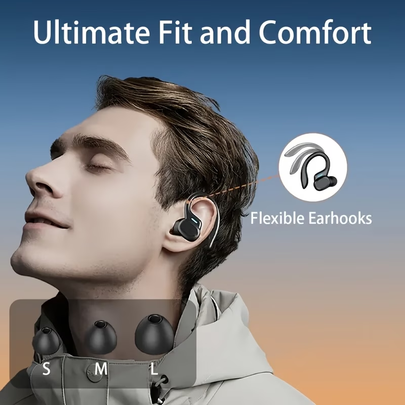True Wireless Earbuds with Mic, TWS In-Ear Headphones with ENC Noise Cancelling Mic, Sport Earhook Headset, Stereo in Ear Headphones with LED Display Charing Case, Wireless Running Sports Earbuds Earhook