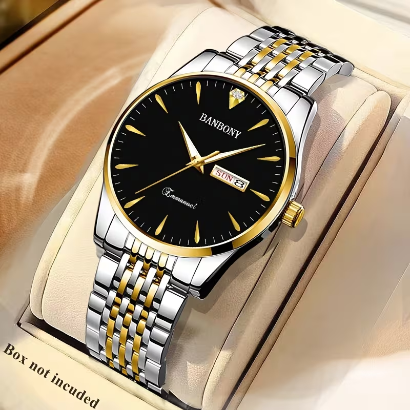 New Banbony Unisex Stainless Steel Quartz Watch with Rhinestone Accents, Water-Resistant IPX7, Sleek HD Dial, Date Display, Golden-Tone Finish - Ideal for Casual Wear, Parties, and Gifts