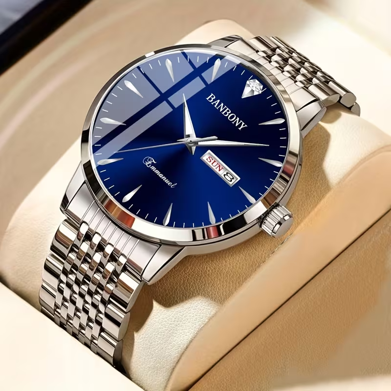 New Banbony Unisex Stainless Steel Quartz Watch with Rhinestone Accents, Water-Resistant IPX7, Sleek HD Dial, Date Display, Golden-Tone Finish - Ideal for Casual Wear, Parties, and Gifts