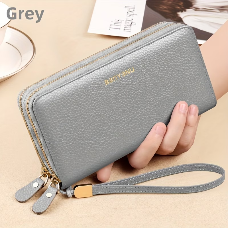 Women'S Long Wallet, Stylish And Spacious, Made of Top-Layer Cowhide, Double Zipper Genuine Leather Clutch Bag 9009