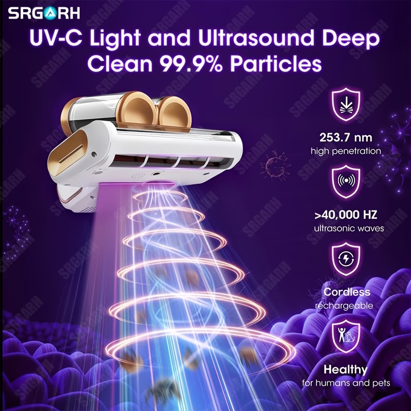 3-minute Fast Charging Cordless Mattress Vacuum Cleaner, 16Kpa Suction Power, 253.7nm UV Light And 80, 000 RPM Sonic Technology, Portable Double Cup Handheld USB Rechargeable, Suitable for Beds, Fabric Sofas, Carpets, Mother's Day Gift