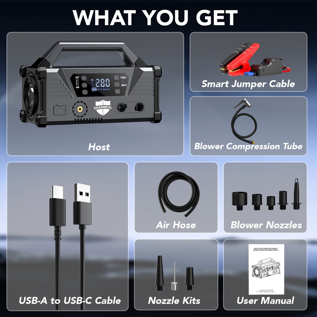 18000A/20000A 15-In-1 Car Jump Starter with Air Compressor And Enhanced Blower, Powered by a 12V Car Battery (Suitable for All Gasoline Cars And 2.64gal Diesel Cars), Equipped with a 200PSI Tire Inflator, 20000Mah Battery, And 3-Mode Flashlight