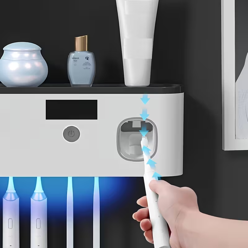 1pc Smart Toothbrush Organizer, Bathroom Toothbrush Display And Storage, with Automatic Toothpaste Dispenser - Wall-Mounted, 5-Slot Storage, Durable Plastic, USB Rechargeable Lithium Battery, Modern Bathroom Organization And Home Decor