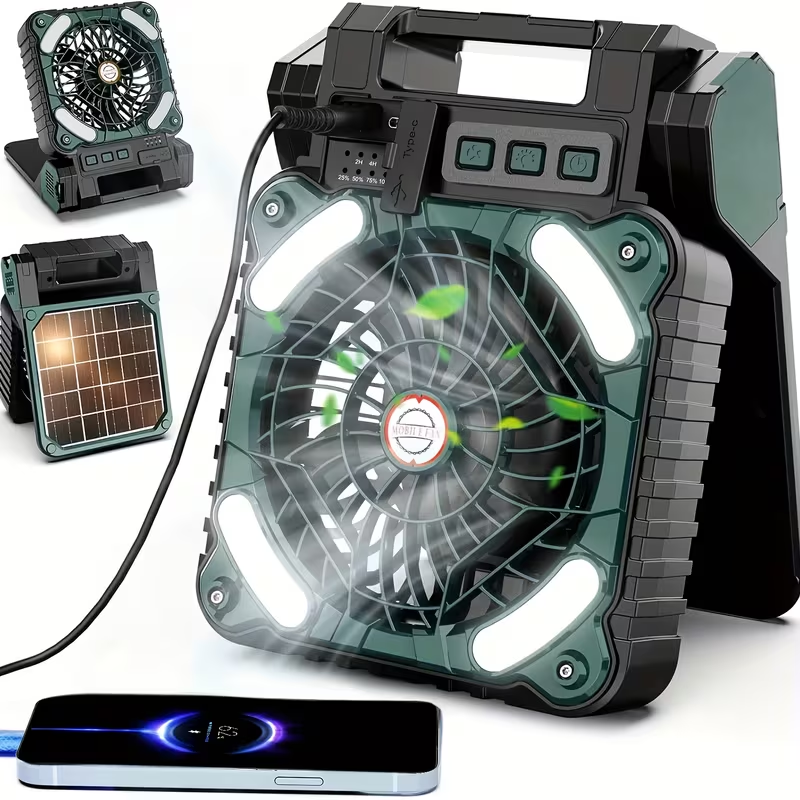 New Portable Solar Fan with LED Light, USB Rechargeable, Suitable for Camping, Foldable Outdoor Fan, And Desktop Fan