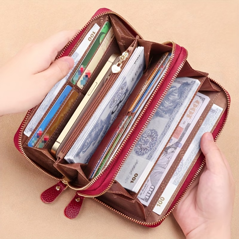 Women'S Long Wallet, Stylish And Spacious, Made of Top-Layer Cowhide, Double Zipper Genuine Leather Clutch Bag 9009