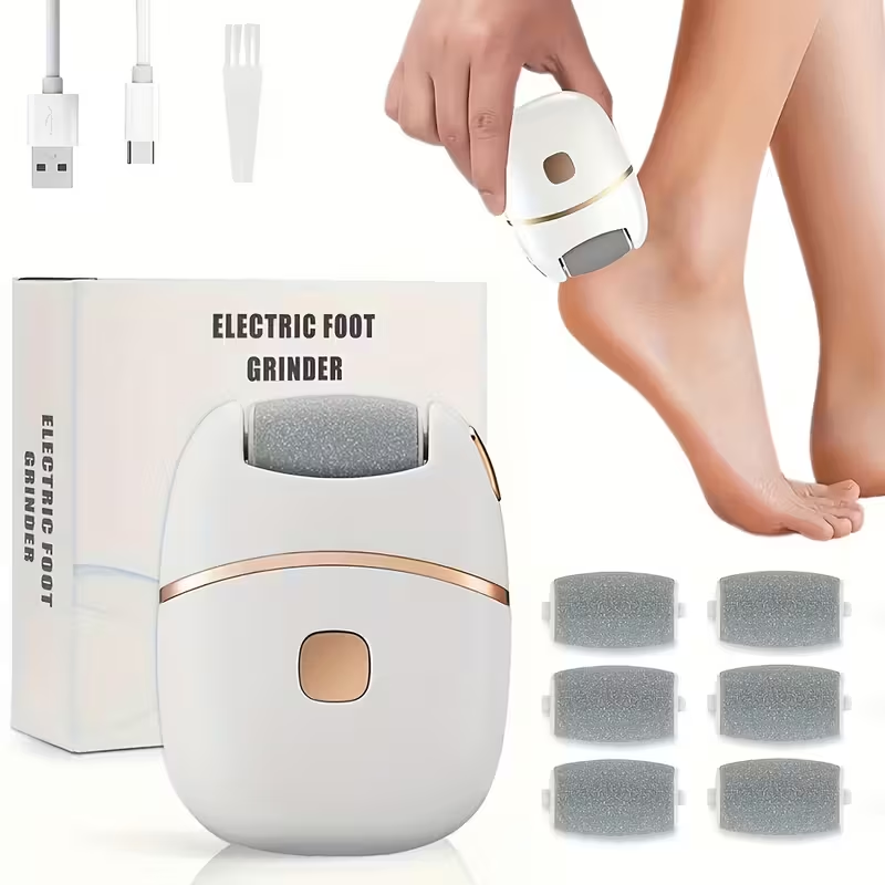 Rechargeable Electric Foot Scrubber with 6 Interchangeable Heads for Removing Dead Skin And Polishing, Powered by USB, Featuring a Smooth Two-Tone Design (White And Golden) And an Ergonomic Handle for a Comfortable User Experience.