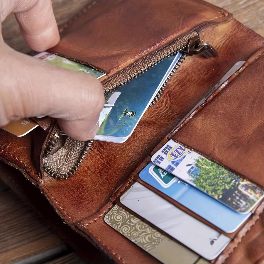 Retro Vegetable Tanned Leather Handmade Wallet Men'S Genuine Leather Zipper Bag Multi-Card Slot First Layer Cowhide Handmade Old Large Capacity