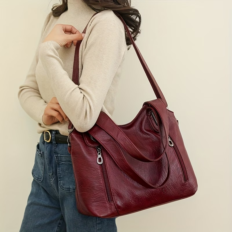 1pc Women's Large Capacity Tote Bag, Synthetic Synthetic Leather Shoulder Handbag with Removable Strap, Zipper Closure, Polyester Lined