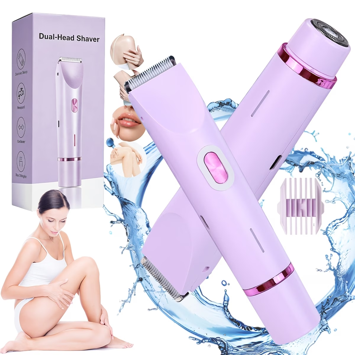 2-in-1 Pink Dual Head Bikini Trimmer For Women Electric Shaver For Wet & Dry Use Body Hair Remover For Bikini Underarms Legs Arms Face Long Battery Life USB Rechargeable Hypoallergenic Blades Facial Hair Removal Ergonomic Grip Adjustable