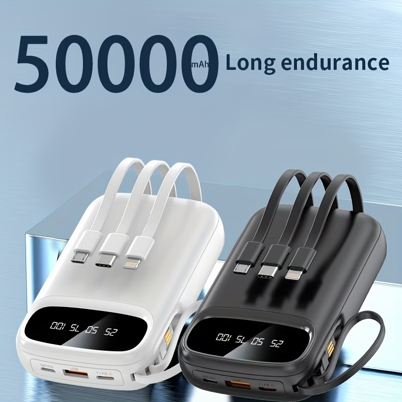 50000mAh Portable Power Bank, Comes With Four Data Cables/lanyard/LED Power Display, Suitable For Fast Charging Of Mobile Phones Such As IPhone/Android And Digital Electronic Products, Outdoor Portable Emergency Power Backup Battery Pack, Gift