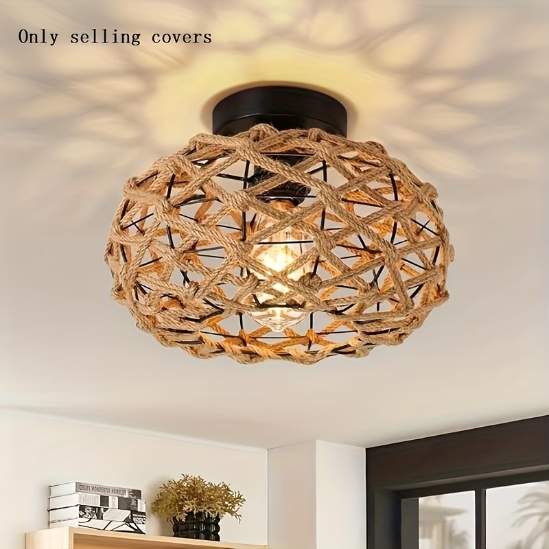 TURAOHU Shade 1 Elegant Seaside Retro Bohemian Style Shade with Metal Decor, Country Woven Rope Design for Bedroom, Kitchen, Corridor and Semi-Flush Ceiling Fixture in Rural Decoration, Room Decorative Lampshade