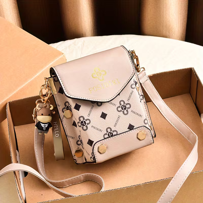 FOSIDIRI Women'S Fashionable Faux Leather Crossbody Bag - Geometric Pattern, Magnetic Closure, Adjustable Strap, Stylish Black & Beige Design with Floral Accents, Everyday Bag|Geometric Pattern Bag|Magnetic Closure Bag