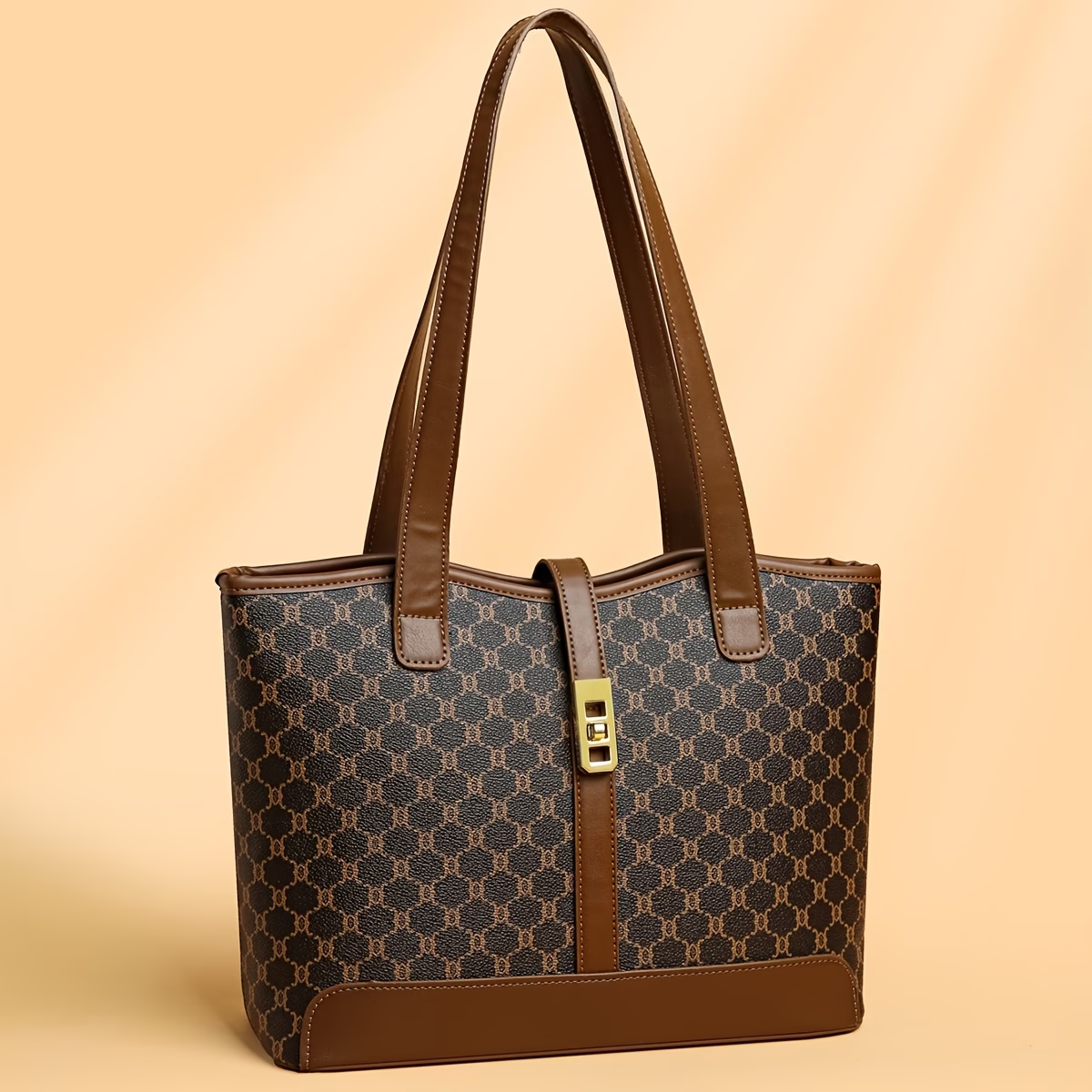 Women's Large Capacity Tote Bag - Coffee & Gray with Golden-Tone Hardware, Zipper Closure, Sturdy Handles & Detachable Shoulder Strap for Work, Travel, Everyday Use, Elegant Handbag, Oiled Edge Construction