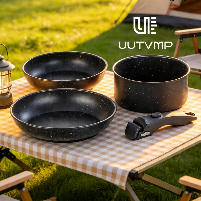 Non-stick cookware set (3 pieces): 2 frying pans + 1 saucepan + 1 cookware set with detachable handle.