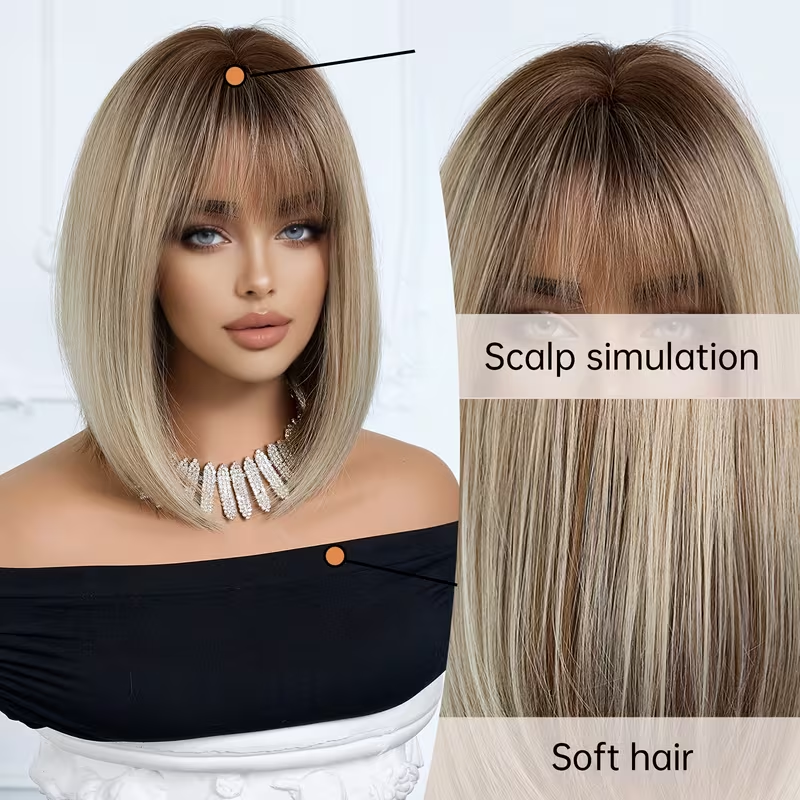12-inch Women'S Coffee and Platinum Gradient Air Bangs Bobo Hair | Rose Net Full Head Cover, Straight High Temperature Fiber, Ideal for Work, School, Makeup, and Cosplay Events