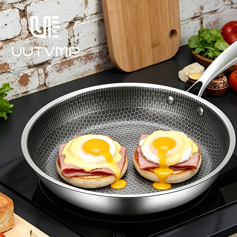 Stainless steel honeycomb frying pan kitchen utensil, thickened high-quality stainless steel with integrated solid steel handle, 3D suspended honeycomb, physically non stick and non chemical coating, scratch resistant and wear-resistant
