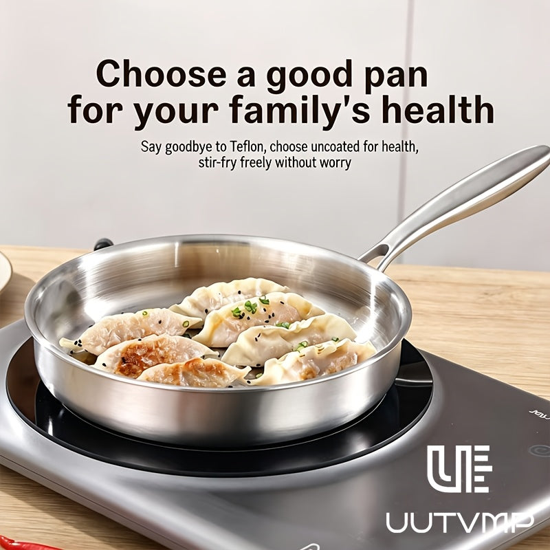 Uncoated stainless steel single handle frying pan, 11.02 inch flat bottomed healthy non chemical coating, evenly heated, universal for induction cookers and gas stoves, suitable for frying eggs, steaks, and dumplings