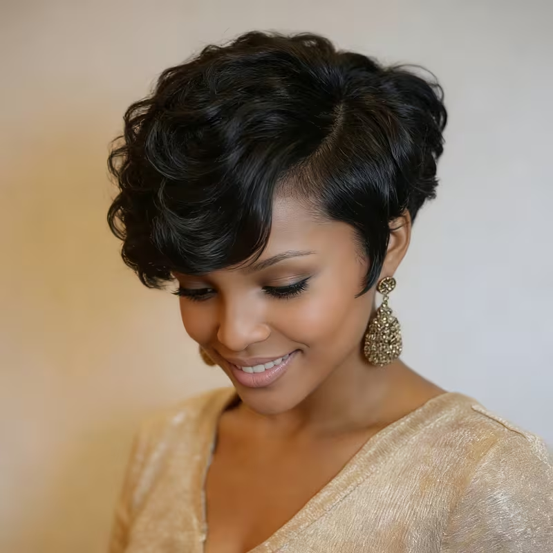 Natural Looking Remy Human Hair Wig for Women - Curly Wave Pixie Cut with 13*4*1 Lace Front, 150% Density Loose Curly Wavy Hairstyle, Natural Black Hair for Parties, Holidays & Special Occasions - Full Volume & Lift