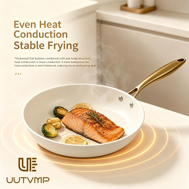 High appearance cream white non stick frying pan, golden handle, pot diameter 11.02 inches, flat bottom with uniform thermal conductivity