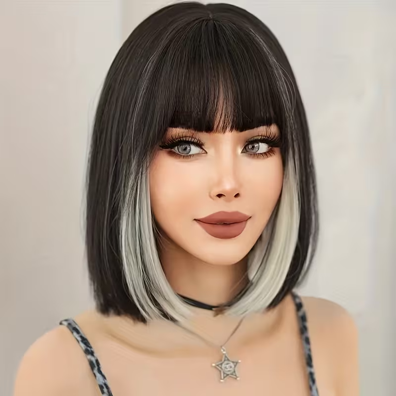 Dress up Popo Wig Short Straight White High Gloss Black Wig Suitable for Women's Daily Party Use with Bangs, Daily Wig Wearing, Women's Fashion