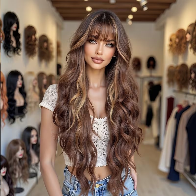 [Brown Curly Daily Wear Wig] Elegant 32" Brown Curly Wig with Bangs for Women - Soft, Heat-Resistant Synthetic Hair, Perfect for Daily Wear & Special Occasions