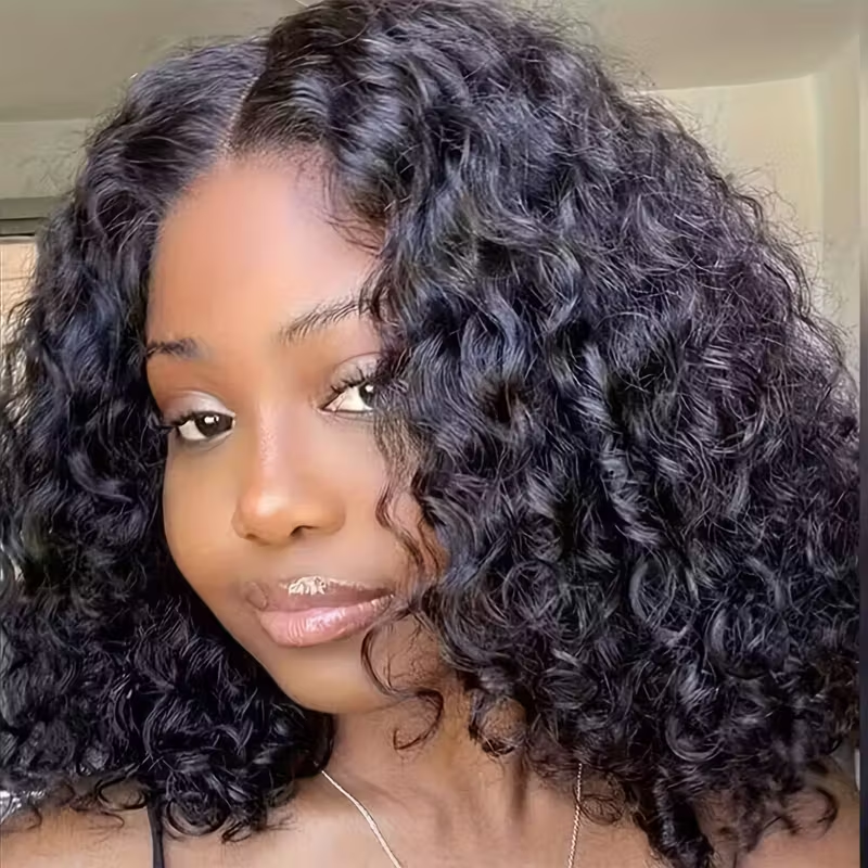 WEAR GO Glueless Wigs 100% Human Hair Pre-Plucked Pre-Cut Water Wave Bob Wig with 4x4 Lace Closure - No Glue Needed, Natural Look for Women, Short Curly Hairstyle, Easy to Style & Maintain, Short Hair Wig