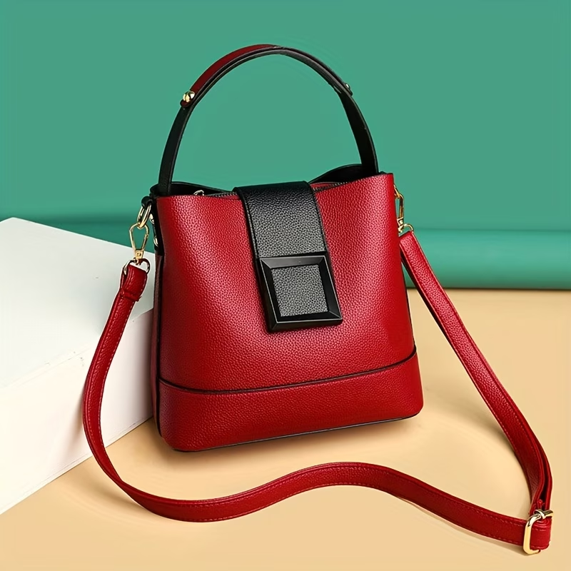 Elegant Solid Bucket Bag with Adjustable Shoulder Strap - Ladies' Multi-Functional Body And Handbag, Lightweight with Zipper Closure