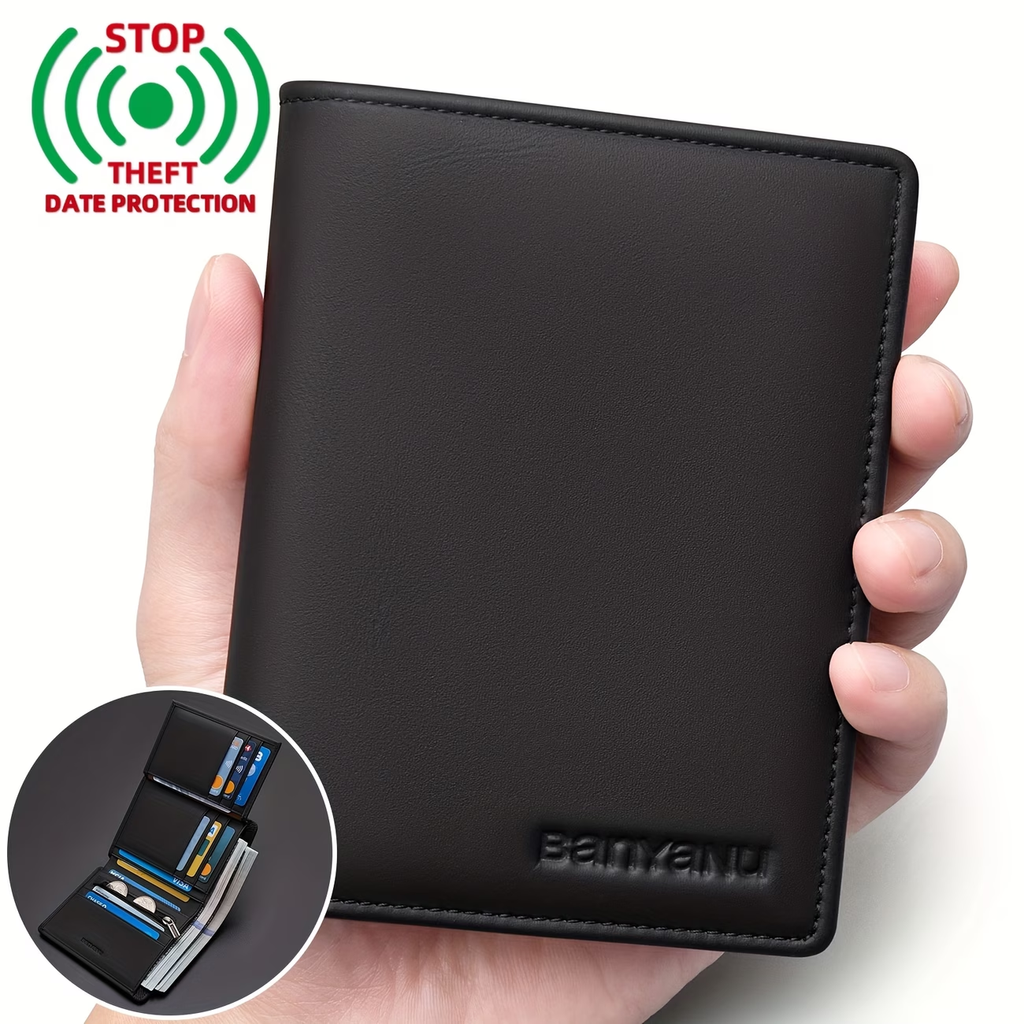 Genuine Leather Three-Fold Wallet for Men, 13 Card Slots with Anti-Theft Feature