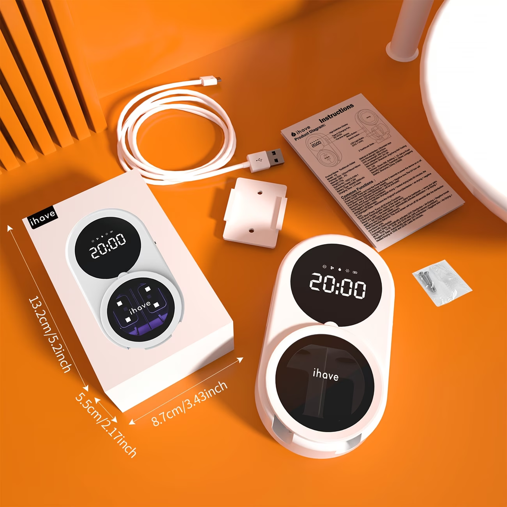 TURAOHU Toothbrush Sanitizers with Negative Ions, Featuring a Dual-Slot Design for Heated And Fan Drying, a Portable Rechargeable UV Holder, an LED Smart Display, And a Wall-Mounted Option for Bathrooms