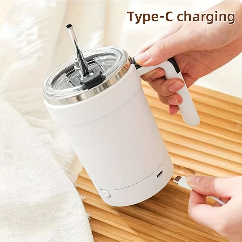 New fully automatic blender cup with temperature display, stainless steel straw, capable of blending shakes, coffee, and milk powder, detachable base, Type-C charging port, and a battery life of 60 minutes