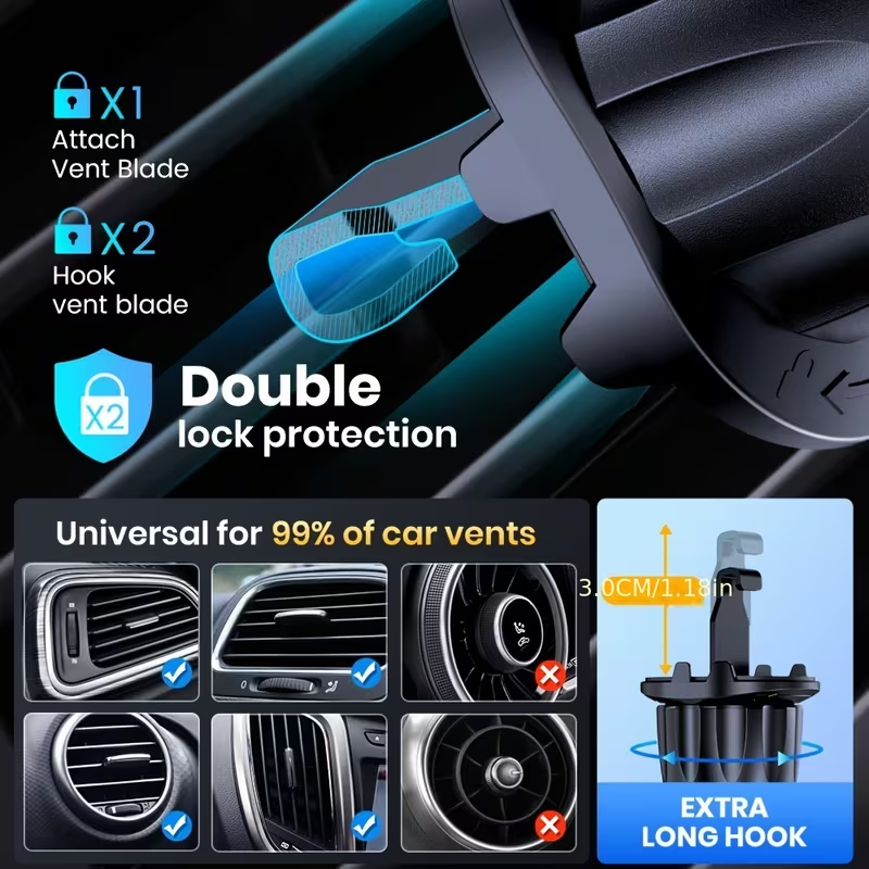 Car Phone Holder Mount, Car Mount with Hook Clip for Car Air Vent 360° Rotation Phone Mount Compatible with Iphone Android Cell Phone