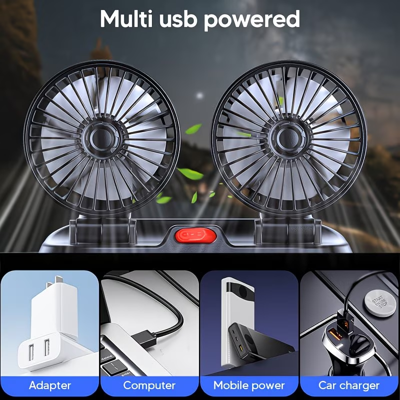 USB Fan for Cars with Dual Heads, 360° Adjustable - Ideal for Computers And Gadgets, Features 2 Speed Settings, Works with Trucks And Suvs - Compatible with Laptops
