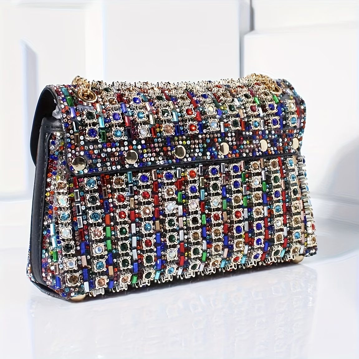 Rhinestone Clutch Bag Women'S Evening Bag, Sparkling Handheld Party Wallet, Texture, Full Diamond Heavy Decoration, Large Capacity, Golden Chain Shoulder Strap, Suitable For Dinner, Party, Formal Events, Halloween Gifts, Christmas Gifts