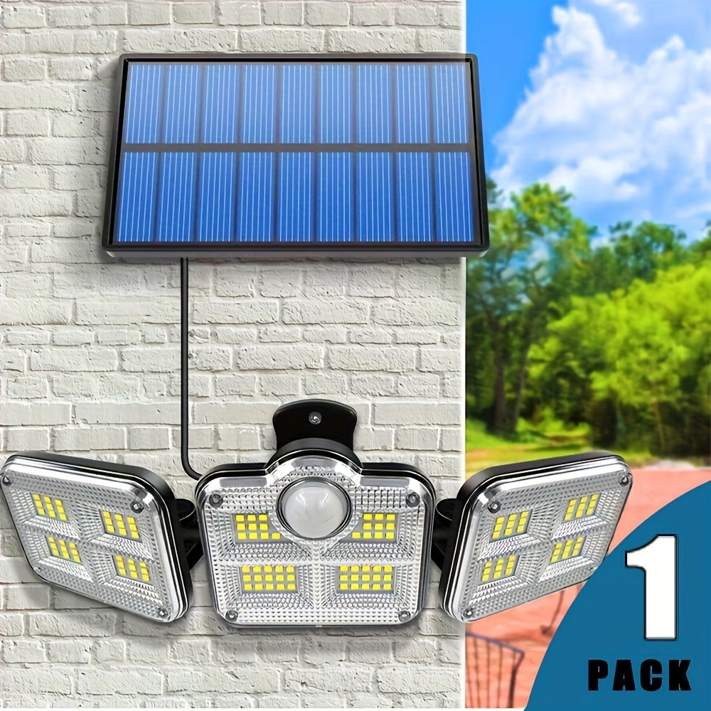 TURAOHU Solar Security Light with Motion Sensor - 3 Head 122 LED Adjustable Light, Semi-Recessed Plastic Wall Sconce, Remote Control, Solar Powered 2400mAh Li-Ion Battery, Non-Removable Photovoltaic Panel - Includes Light Source.