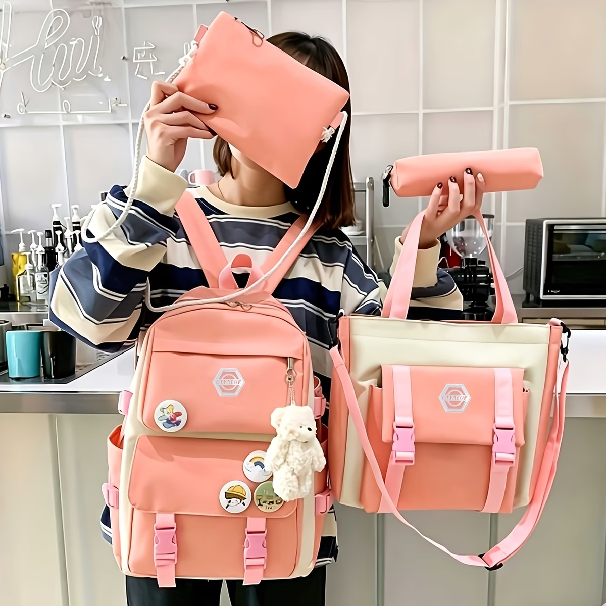 4pcs/Set Easy Leisure Backpack Large Capacity Schoolbag Travel Bag Canvas Shoulder Bag, for Teenager, For Teenager