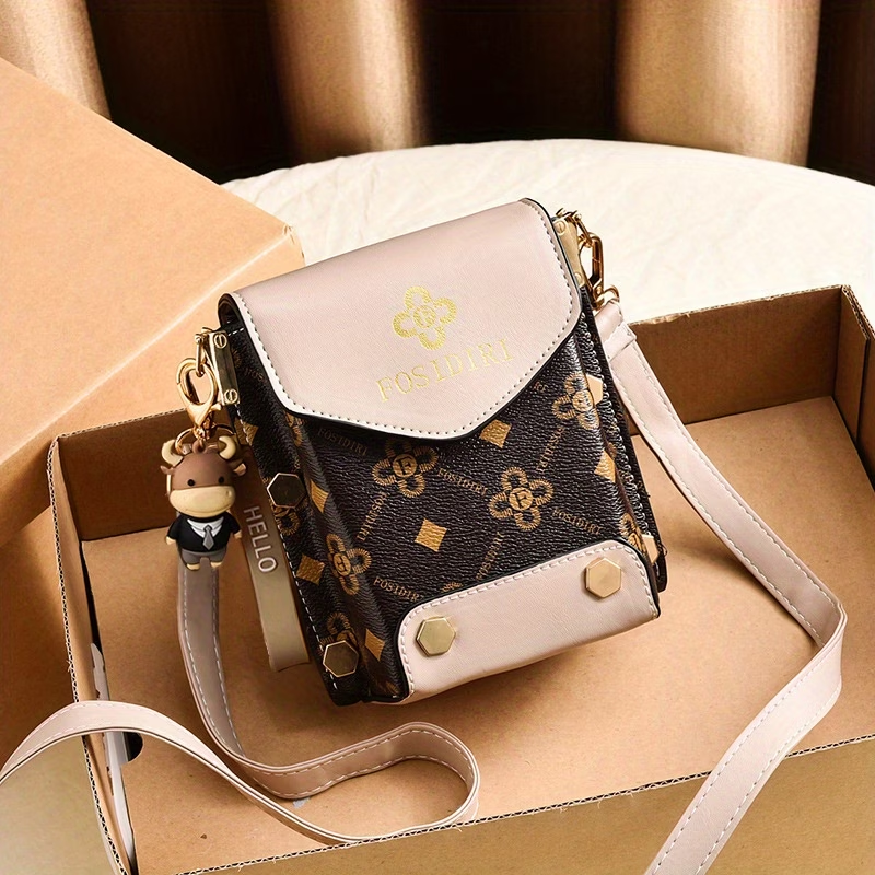 FOSIDIRI Women'S Fashionable Faux Leather Crossbody Bag - Geometric Pattern, Magnetic Closure, Adjustable Strap, Stylish Black & Beige Design with Floral Accents, Everyday Bag|Geometric Pattern Bag|Magnetic Closure Bag