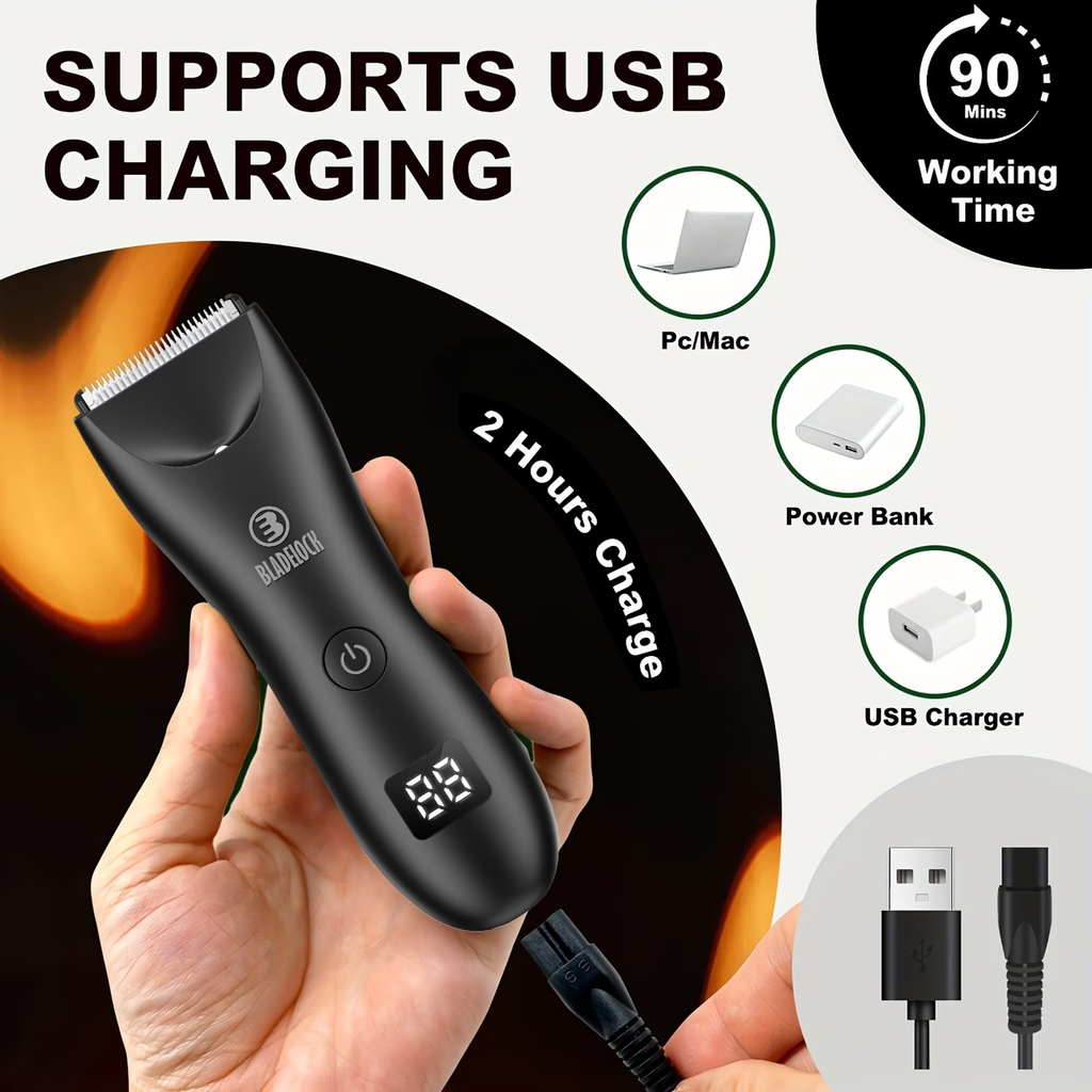 Ball Trimmer for Men - IPX7 Waterproof Body Hair Trimmer, Ceramic Blade, LCD Battery Display, Replaceable Blade Head, Electric Groin & Pubic Shaver